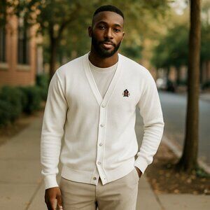 Vintage IZOD Crest Logo White Knit Cardigan Sweater Preppy Collegiate Ivy League